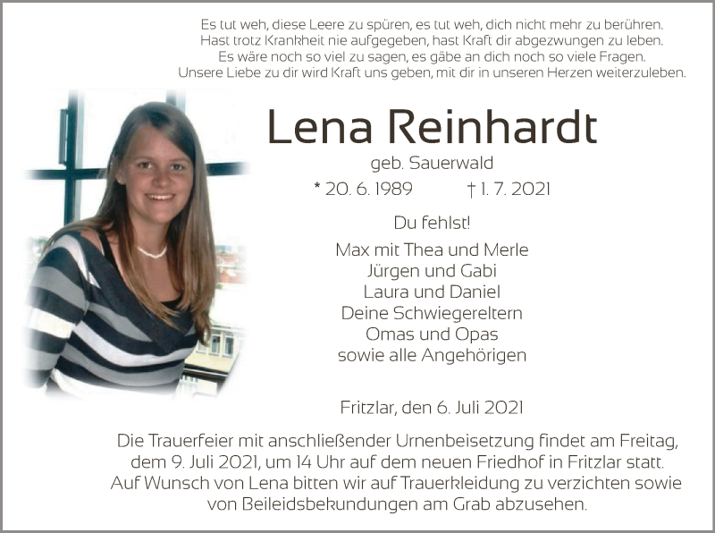  Traueranzeige für Lena Reinhardt vom 06.07.2021 aus HNA