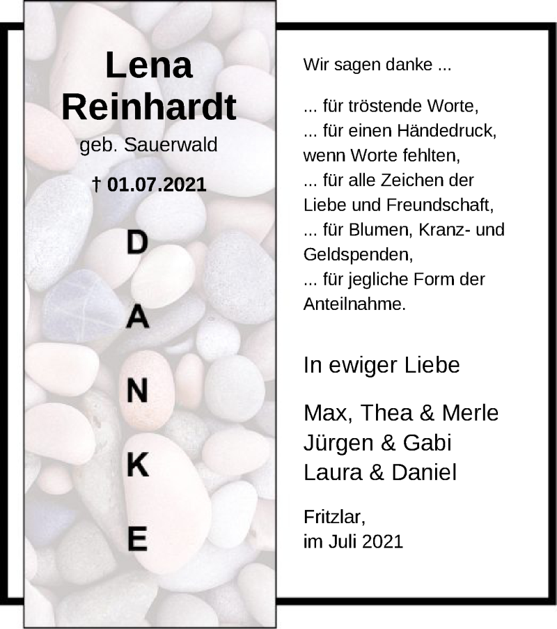  Traueranzeige für Lena Reinhardt vom 24.07.2021 aus HNA
