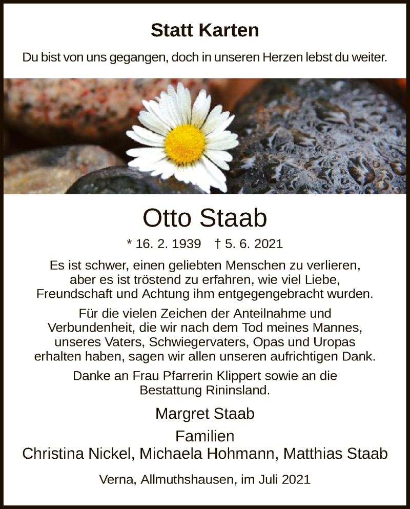  Traueranzeige für Otto Staab vom 24.07.2021 aus HNA