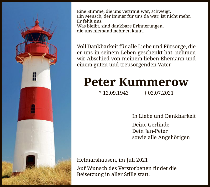  Traueranzeige für Peter Kummerow vom 10.07.2021 aus HNA