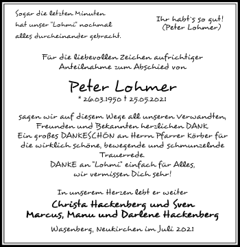 Traueranzeige von Peter Lohmer von HNA