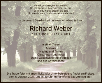 Traueranzeige von Richard Weber von HNA