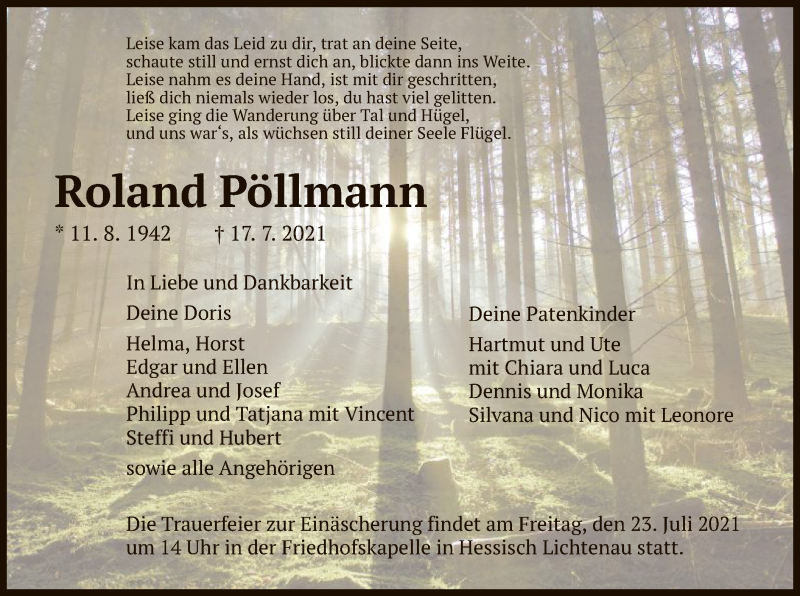  Traueranzeige für Roland Pöllmann vom 21.07.2021 aus HNA