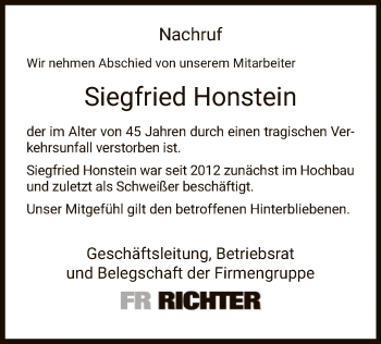 Traueranzeige von Siegfrid Honstein von HNA