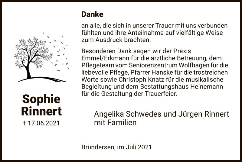  Traueranzeige für Sophie Rinnert vom 10.07.2021 aus HNA