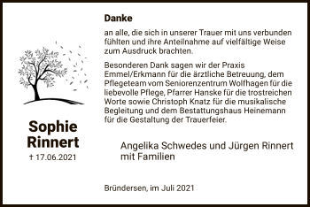 Traueranzeige von Sophie Rinnert von HNA