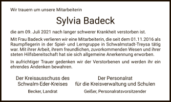 Traueranzeige von Sylvia Badeck von HNA