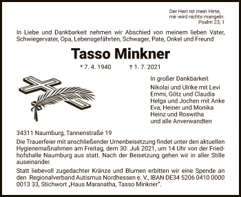 Traueranzeige von Tasso Minkner von HNA
