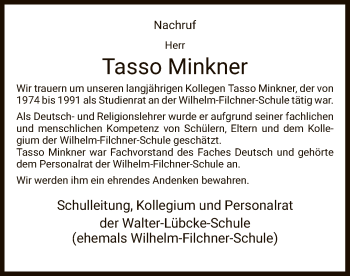 Traueranzeige von Tasso Minkner von HNA