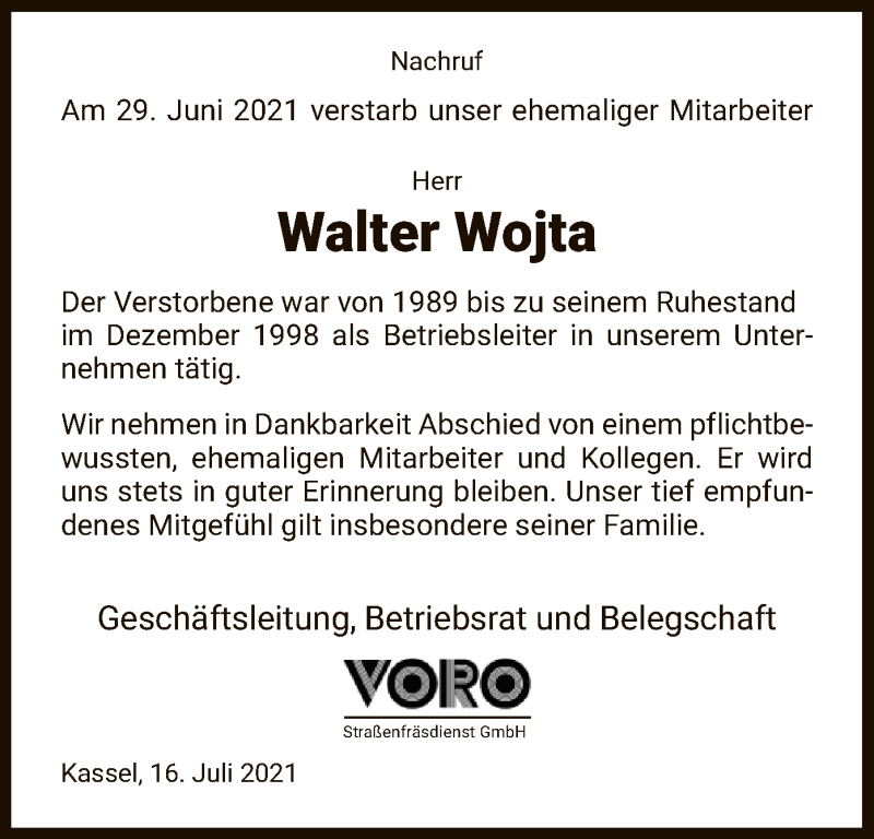  Traueranzeige für Walter Wojta vom 16.07.2021 aus HNA