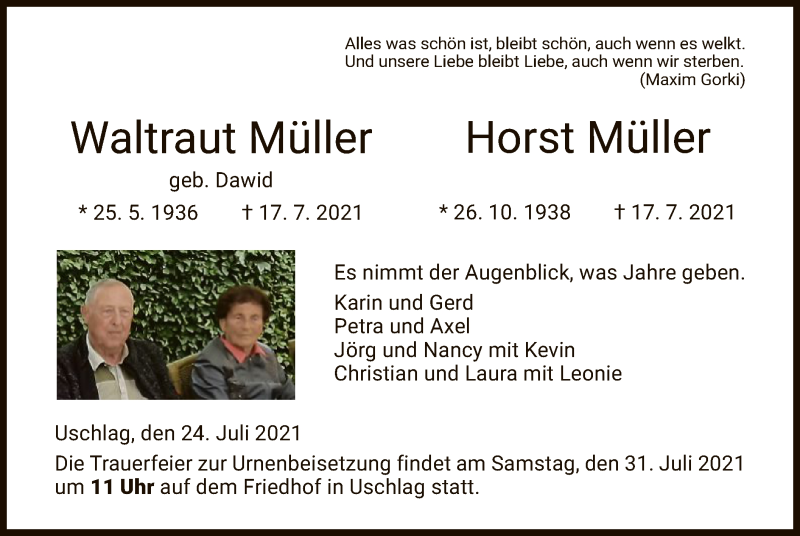  Traueranzeige für Waltraut und Horst Müller vom 24.07.2021 aus HNA