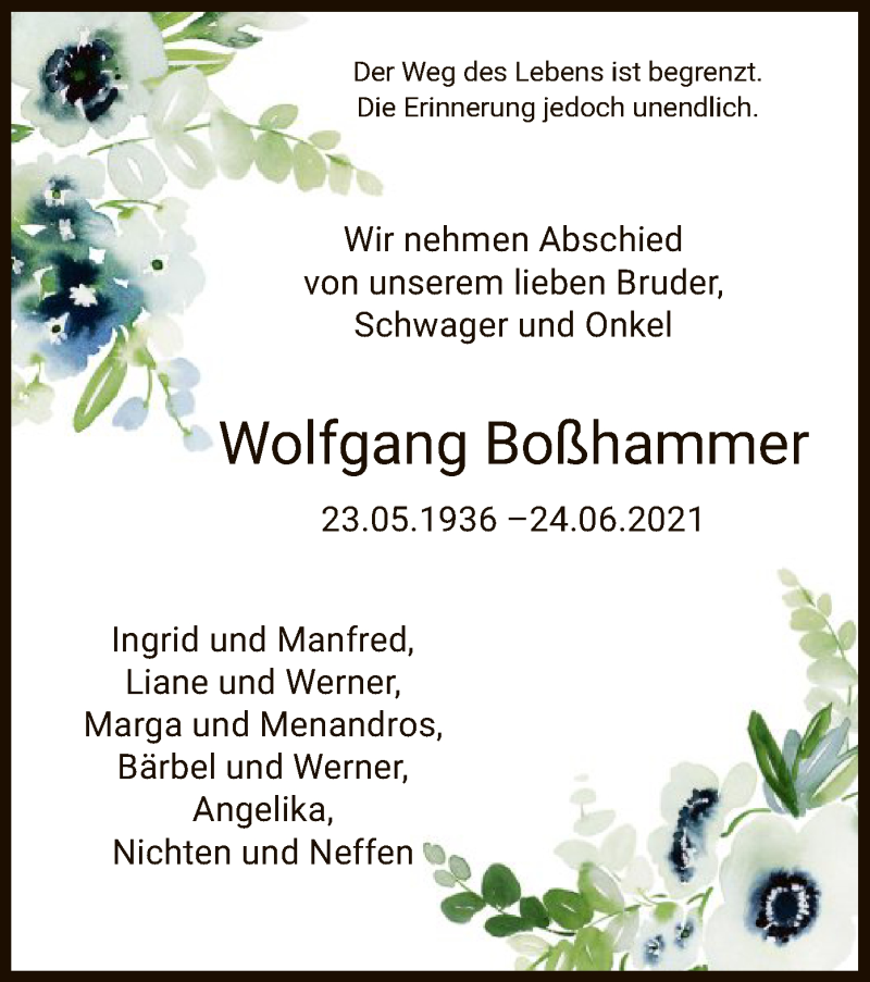  Traueranzeige für Wolfgang Boßhammer vom 02.07.2021 aus HNA