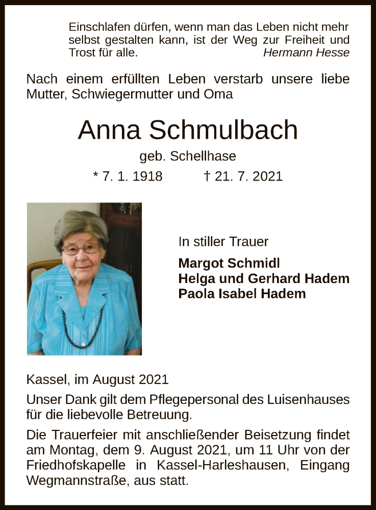  Traueranzeige für Anna Schmulbach vom 07.08.2021 aus HNA