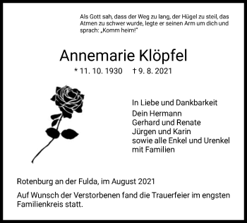Traueranzeige von Annemarie Klöpfel von HNA