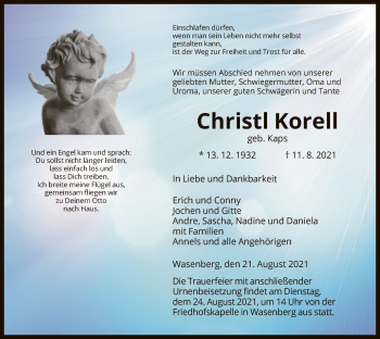 Traueranzeige von Christl Korell von HNA