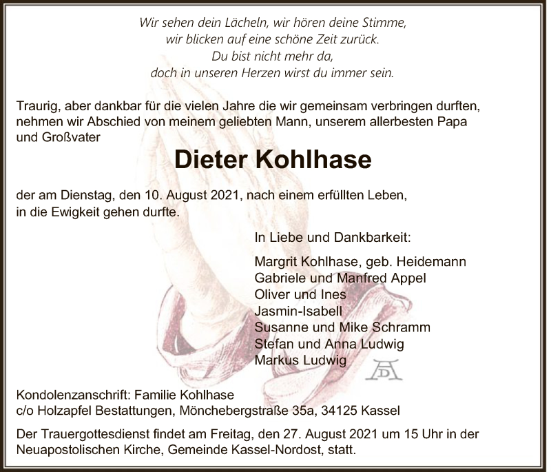  Traueranzeige für Dieter Kohlhase vom 21.08.2021 aus HNA