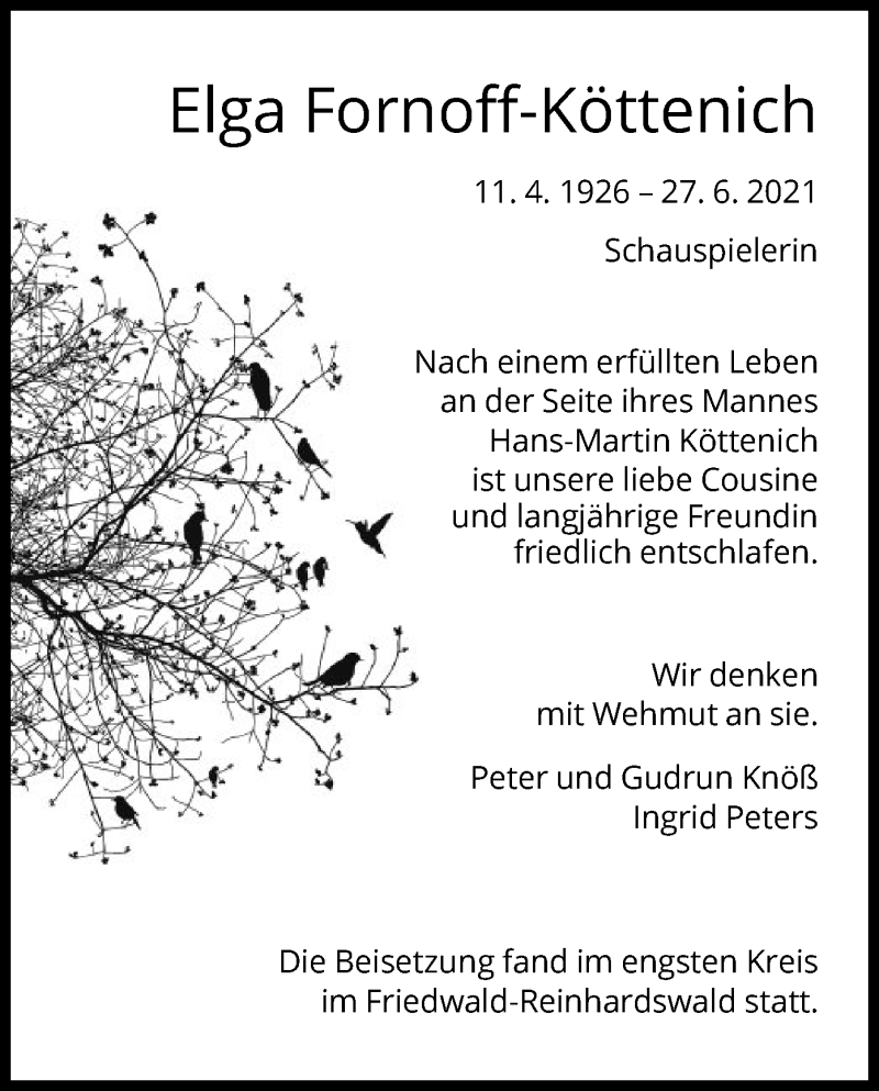  Traueranzeige für Elga Fornoff-Köttenich vom 21.08.2021 aus HNA