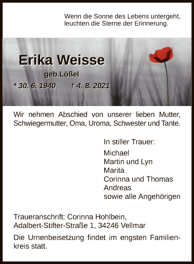  Traueranzeige für Erika Weisse vom 14.08.2021 aus HNA