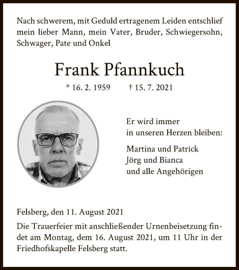  Traueranzeige für Frank Pfannkuch vom 11.08.2021 aus HNA
