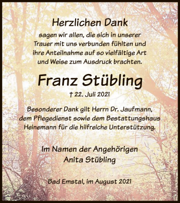 Traueranzeige von Franz Stübling von HNA