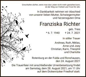 Traueranzeige von Franziska Richter von HNA