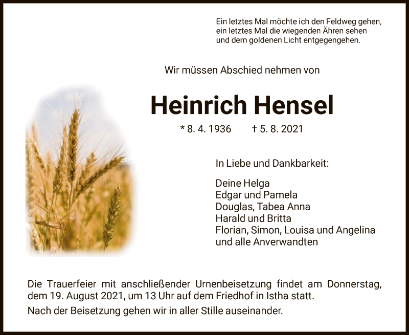  Traueranzeige für Heinrich Hensel vom 14.08.2021 aus HNA