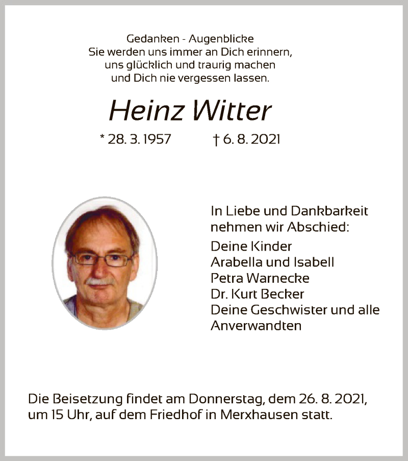  Traueranzeige für Heinz Witter vom 21.08.2021 aus HNA