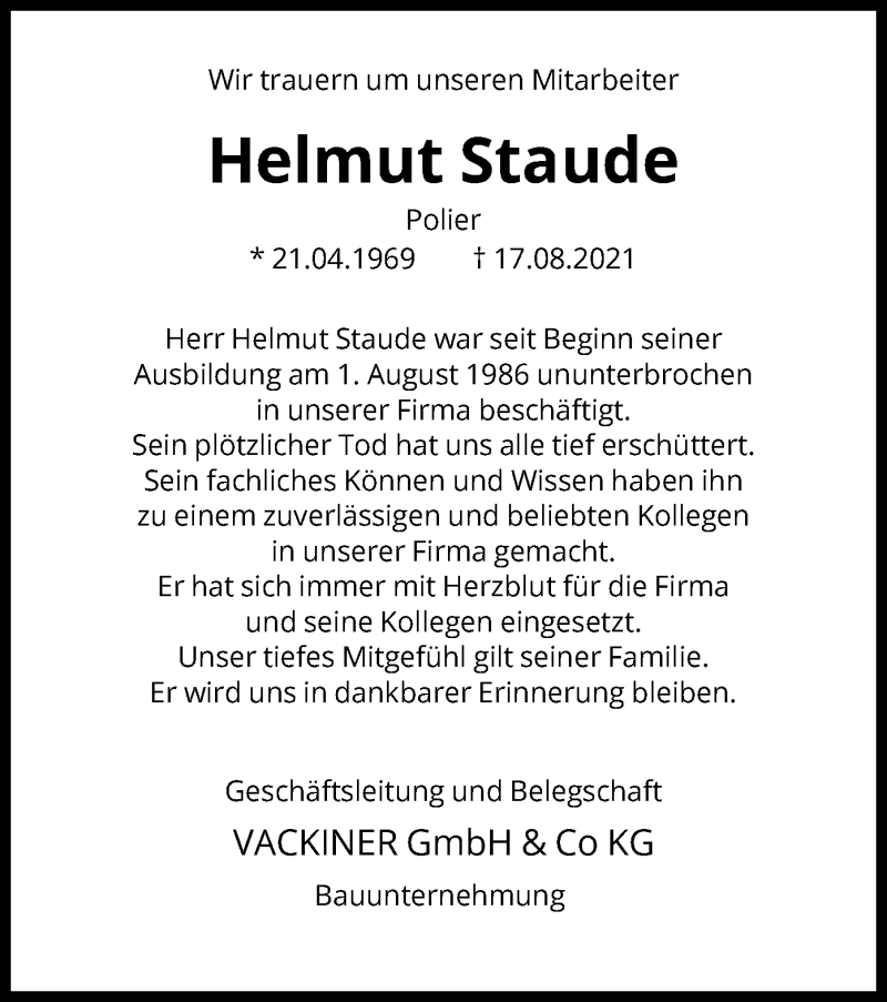  Traueranzeige für Helmut Staude vom 21.08.2021 aus HNA