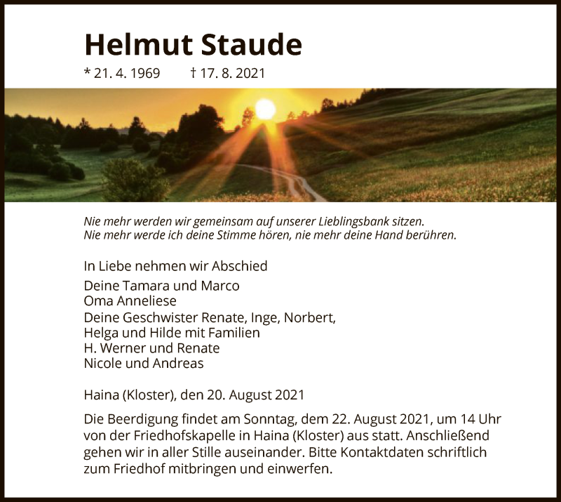  Traueranzeige für Helmut Staude vom 20.08.2021 aus HNA