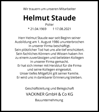 Traueranzeige von Helmut Staude von HNA