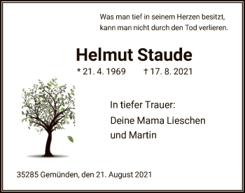 Traueranzeige von Helmut Staude von HNA