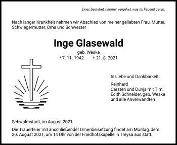 Traueranzeige von Inge Glasewald von HNA