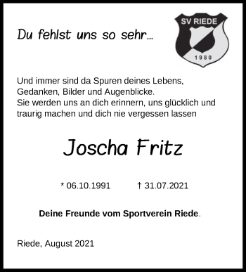 Traueranzeige von Joscha Fritz von HNA