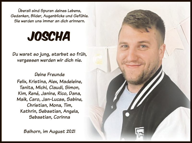  Traueranzeige für Joscha Fritz vom 14.08.2021 aus HNA