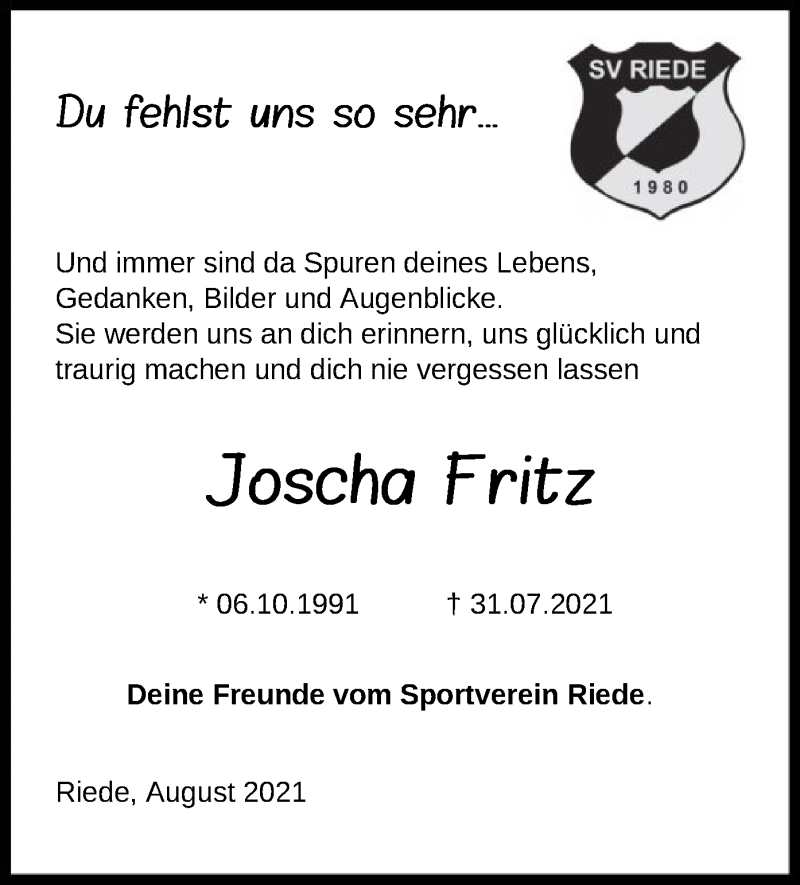 Traueranzeige für Joscha Fritz vom 19.08.2021 aus HNA