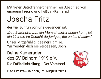 Traueranzeige von Joscha Fritz von HNA