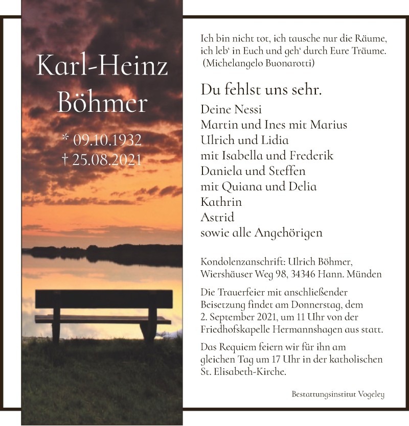  Traueranzeige für Karl-Heinz Böhmer vom 28.08.2021 aus HNA