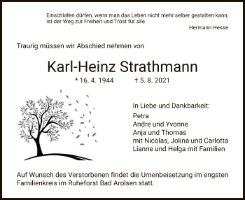 Traueranzeige von Karl-Heinz Strathmann von HNA