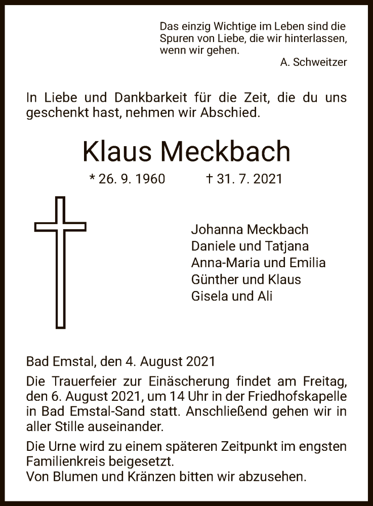  Traueranzeige für Klaus Meckbach vom 04.08.2021 aus HNA