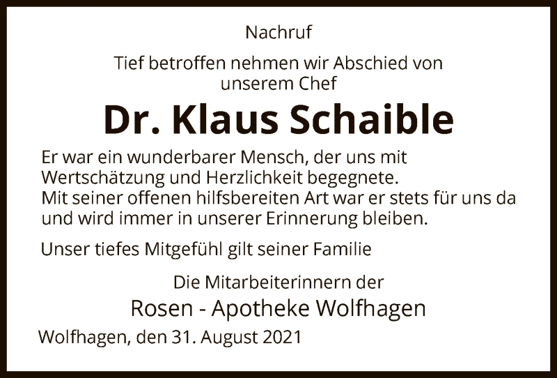  Traueranzeige für Klaus Schaible vom 31.08.2021 aus HNA