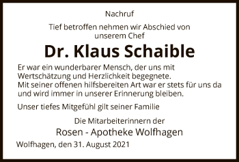 Traueranzeige von Klaus Schaible von HNA