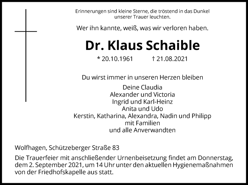  Traueranzeige für Klaus Schaible vom 28.08.2021 aus HNA