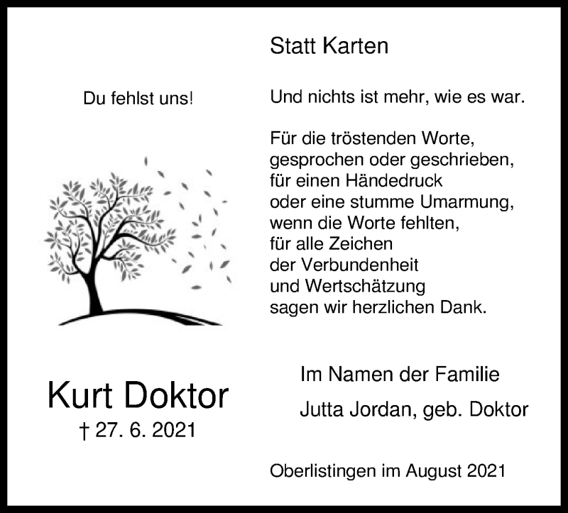  Traueranzeige für Kurt Doktor vom 07.08.2021 aus HNA