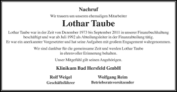 Traueranzeige von Lothar Taube von HNA