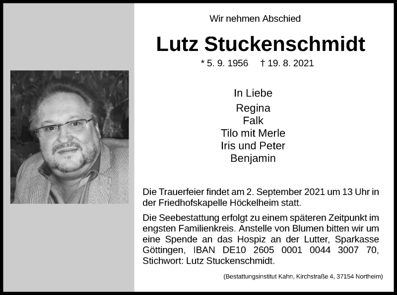  Traueranzeige für Lutz Stuckenschmidt vom 28.08.2021 aus HNA