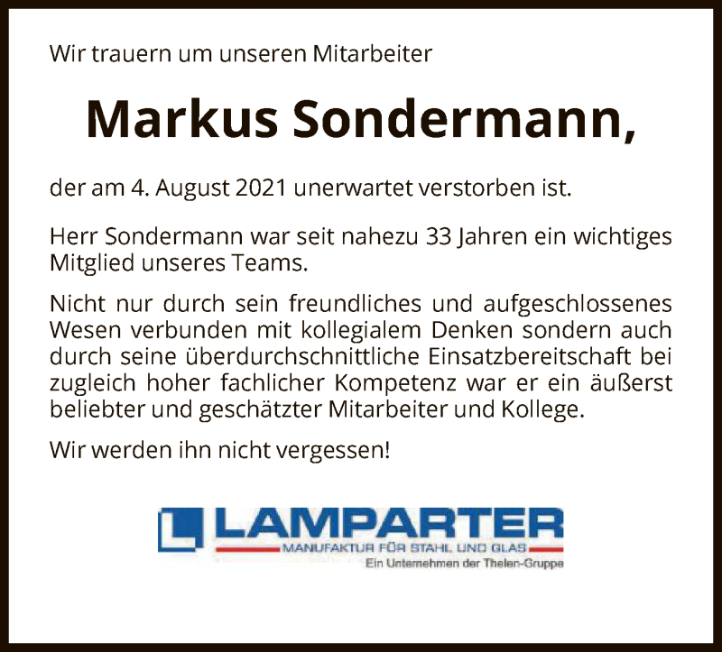  Traueranzeige für Markus Sondermann vom 18.08.2021 aus HNA