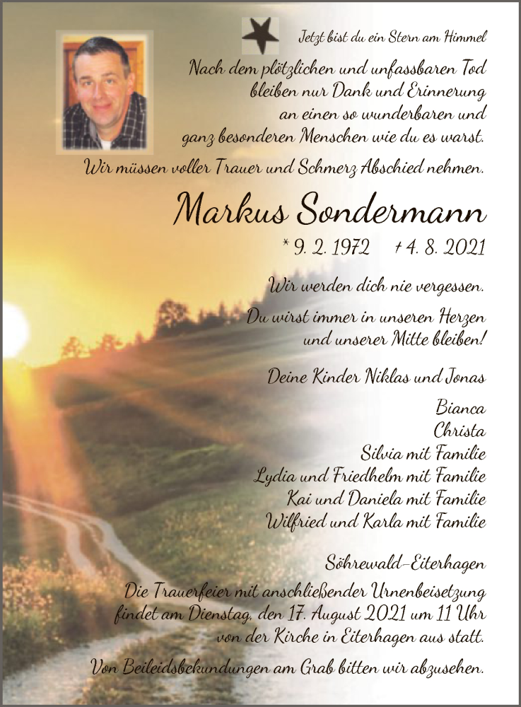  Traueranzeige für Markus Sondermann vom 14.08.2021 aus HNA