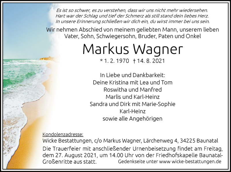  Traueranzeige für Markus Wagner vom 21.08.2021 aus HNA