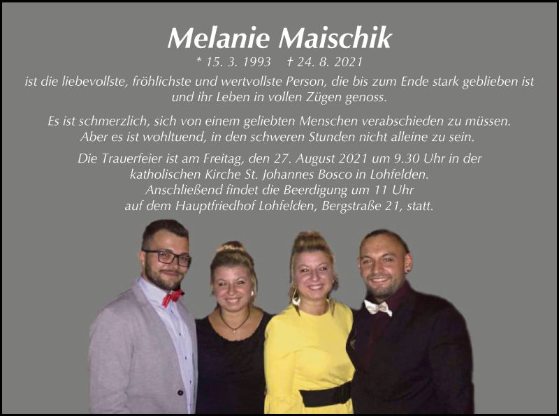  Traueranzeige für Melanie Maischik vom 26.08.2021 aus HNA