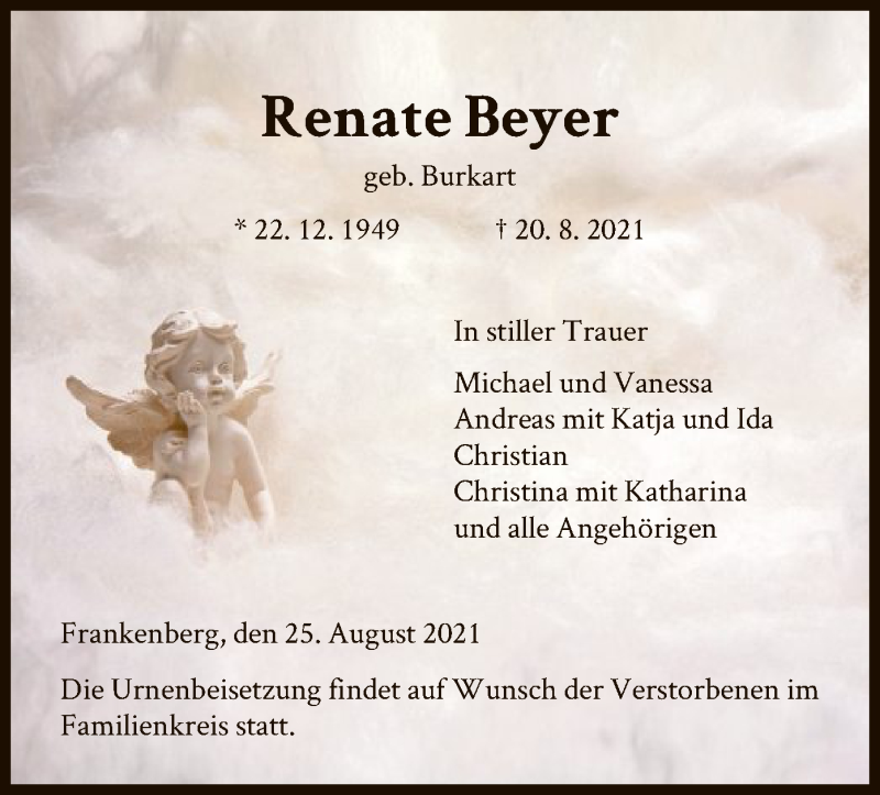  Traueranzeige für Renate Beyer vom 25.08.2021 aus HNA